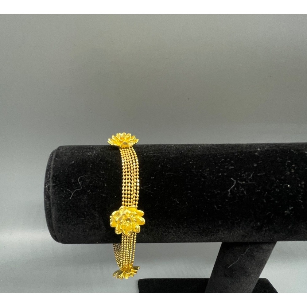 Gold Tone Multi Strand Ball Chain‎ Lotus Flower Charm Bracelet Adjustable 7.5in